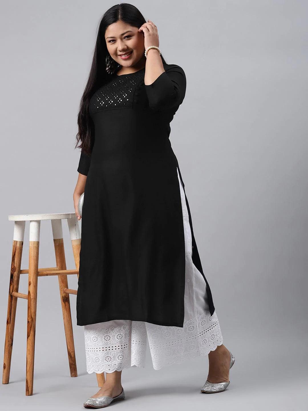 Plus Size Black Solid Rayon Kurta