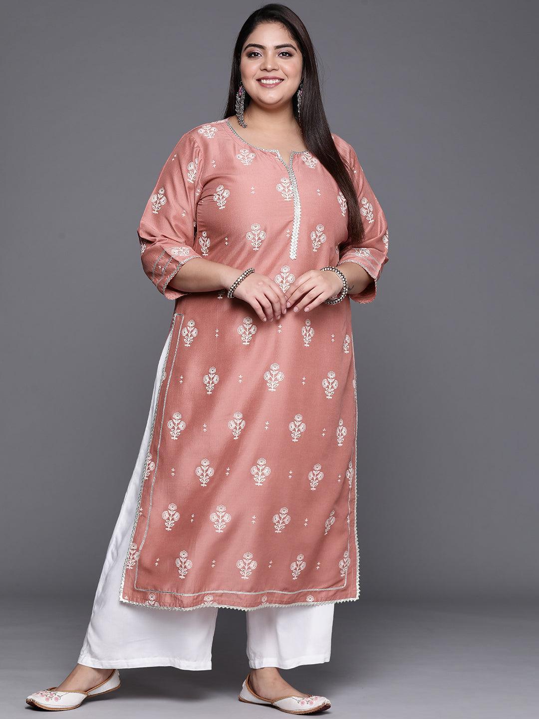 Plus Size Pink Silk Printed Straight Kurta