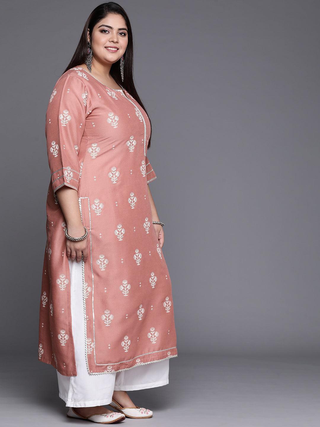 Plus Size Pink Silk Printed Straight Kurta