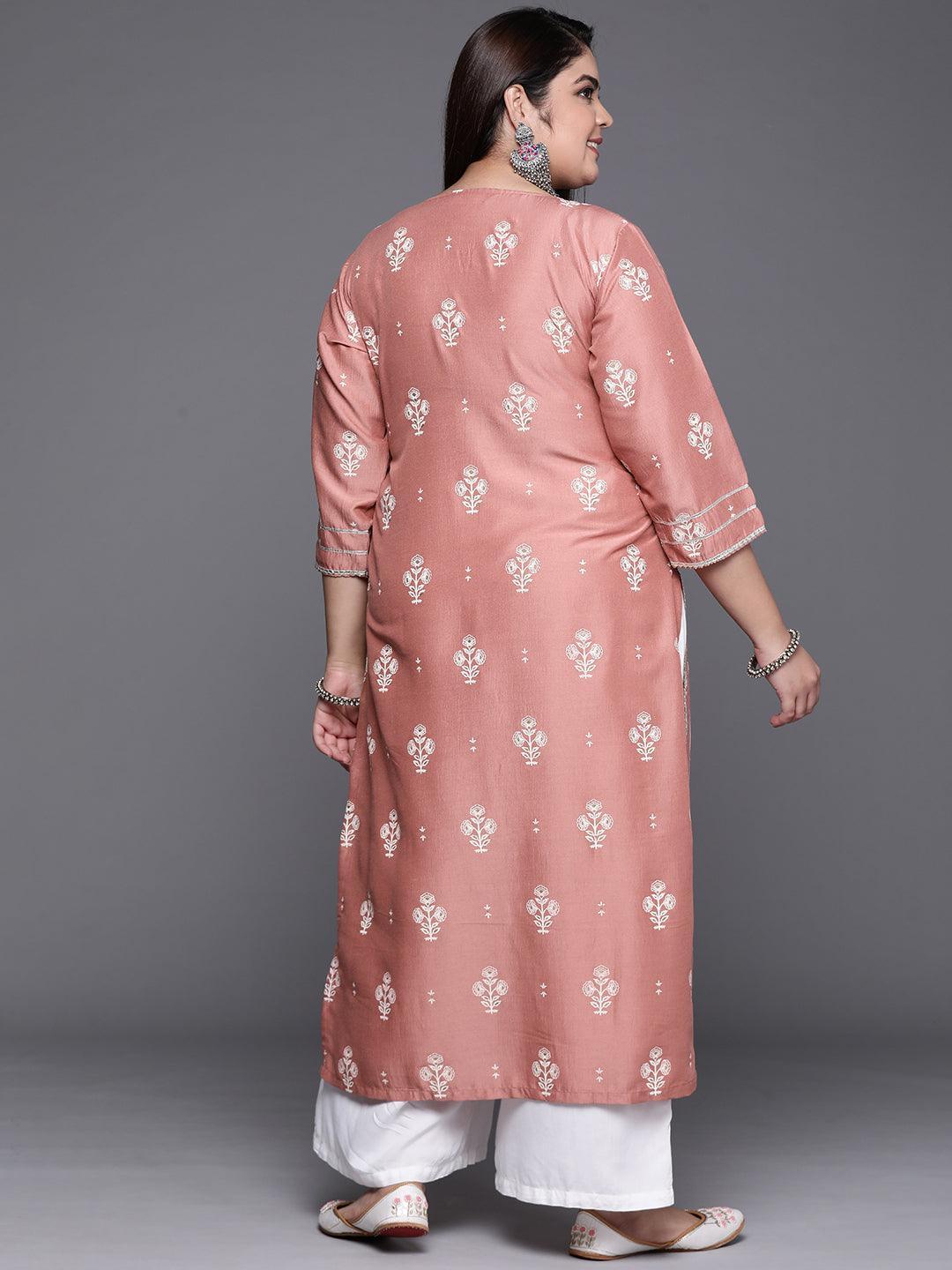 Plus Size Pink Silk Printed Straight Kurta - ShopLibas