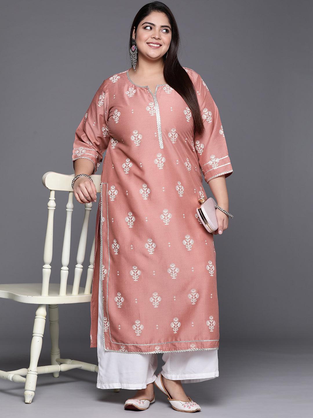 Plus Size Pink Silk Printed Straight Kurta