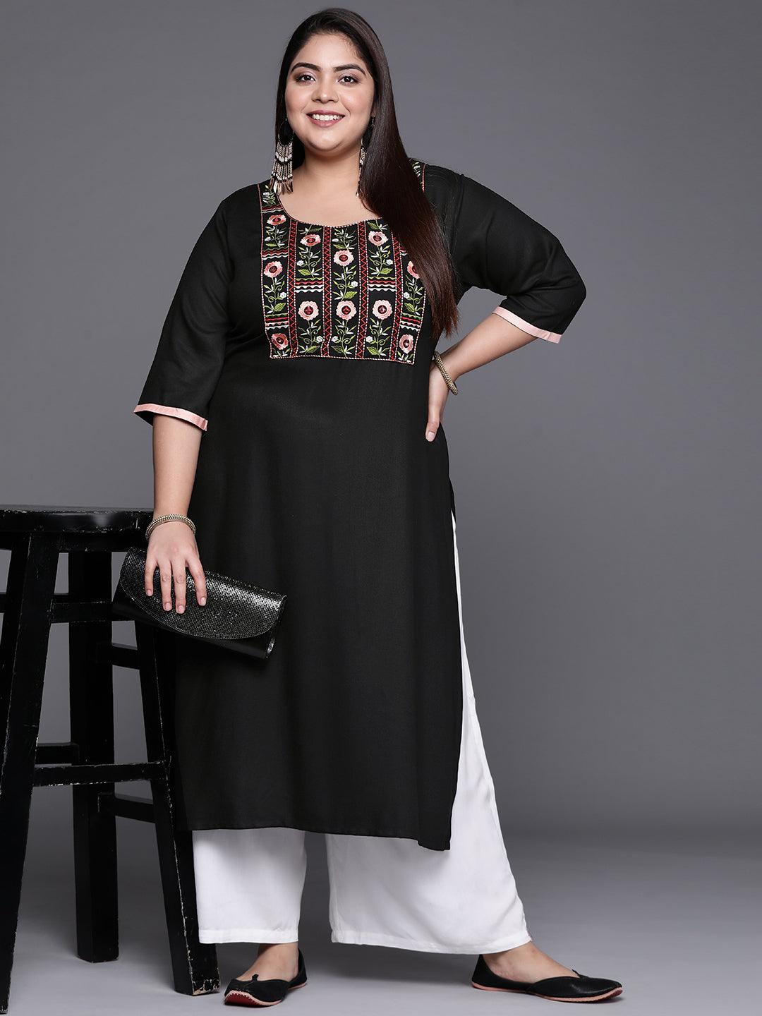 Plus Size Black Solid Wool Kurta