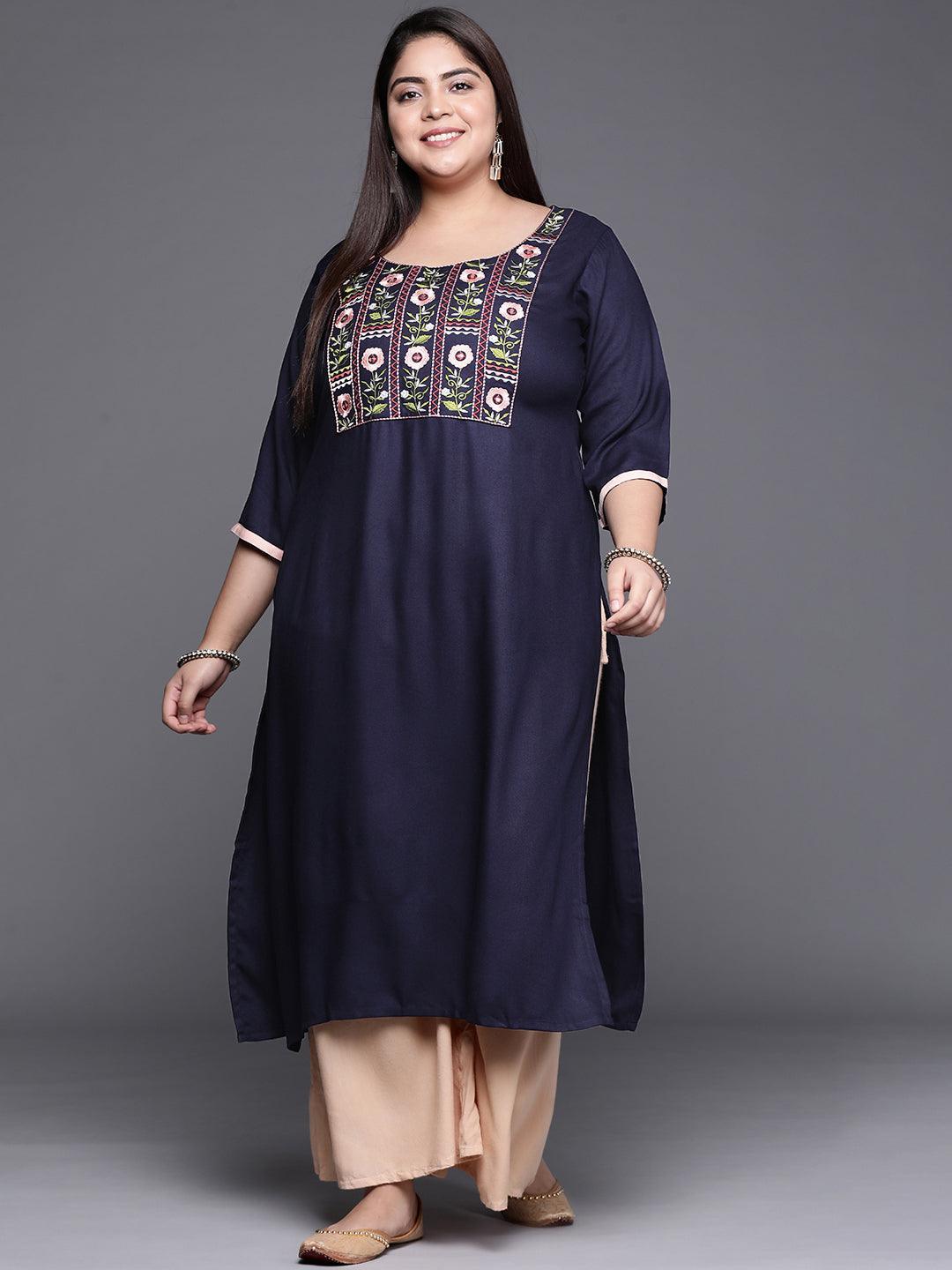 Plus Size Navy Blue Solid Wool Kurta