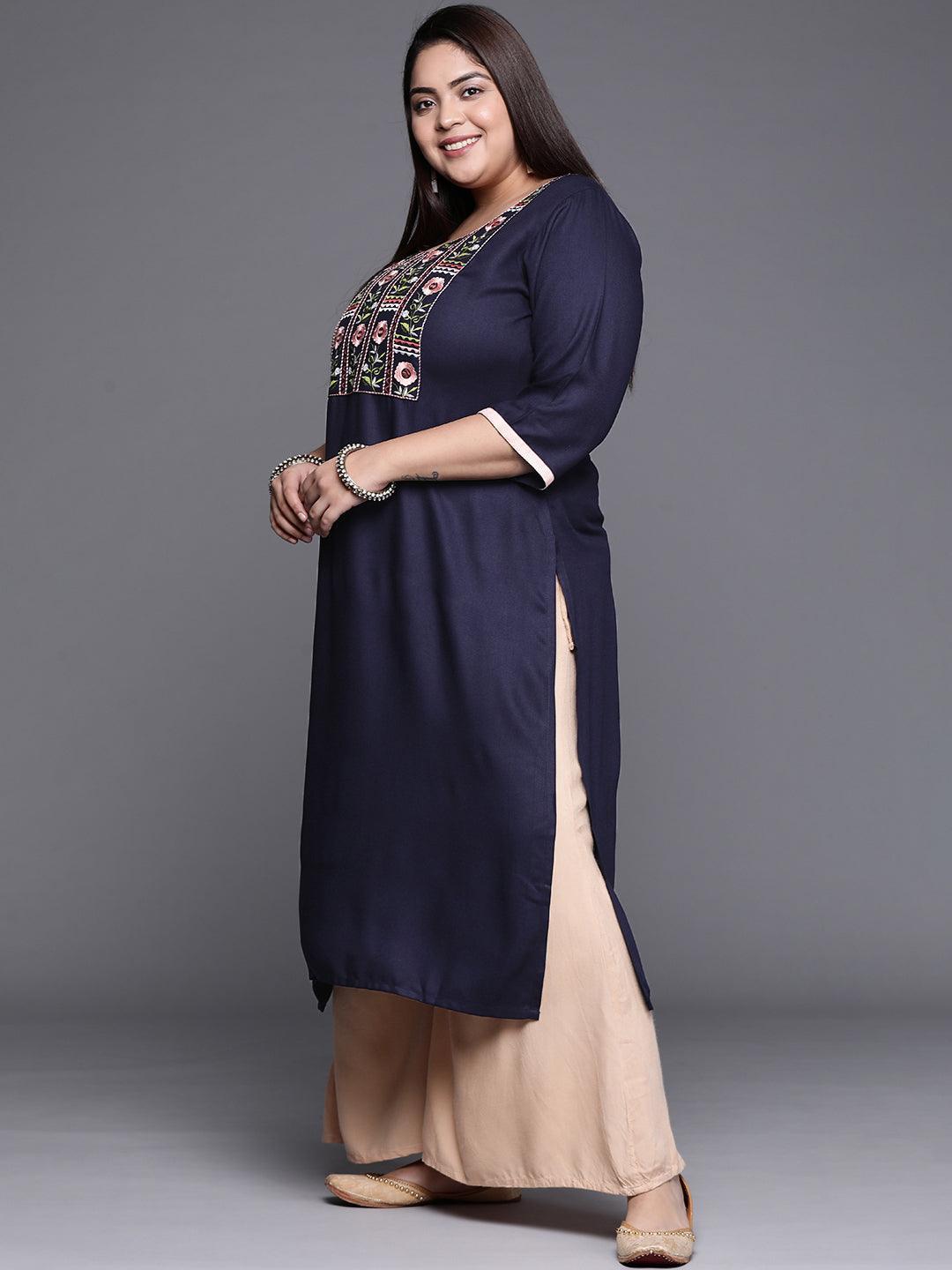 Plus Size Navy Blue Solid Wool Kurta