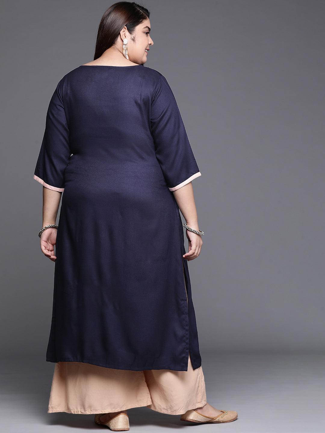 Plus Size Navy Blue Solid Wool Kurta