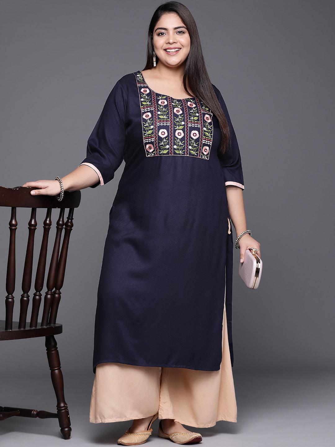 Plus Size Navy Blue Solid Wool Kurta