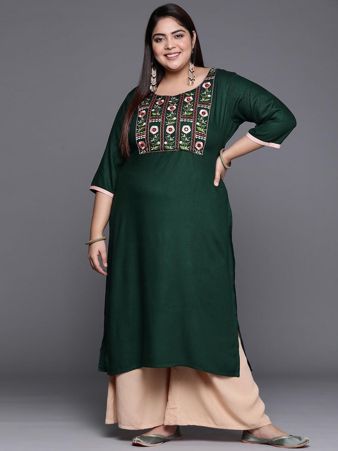 Plus Size Green Solid Wool Kurta