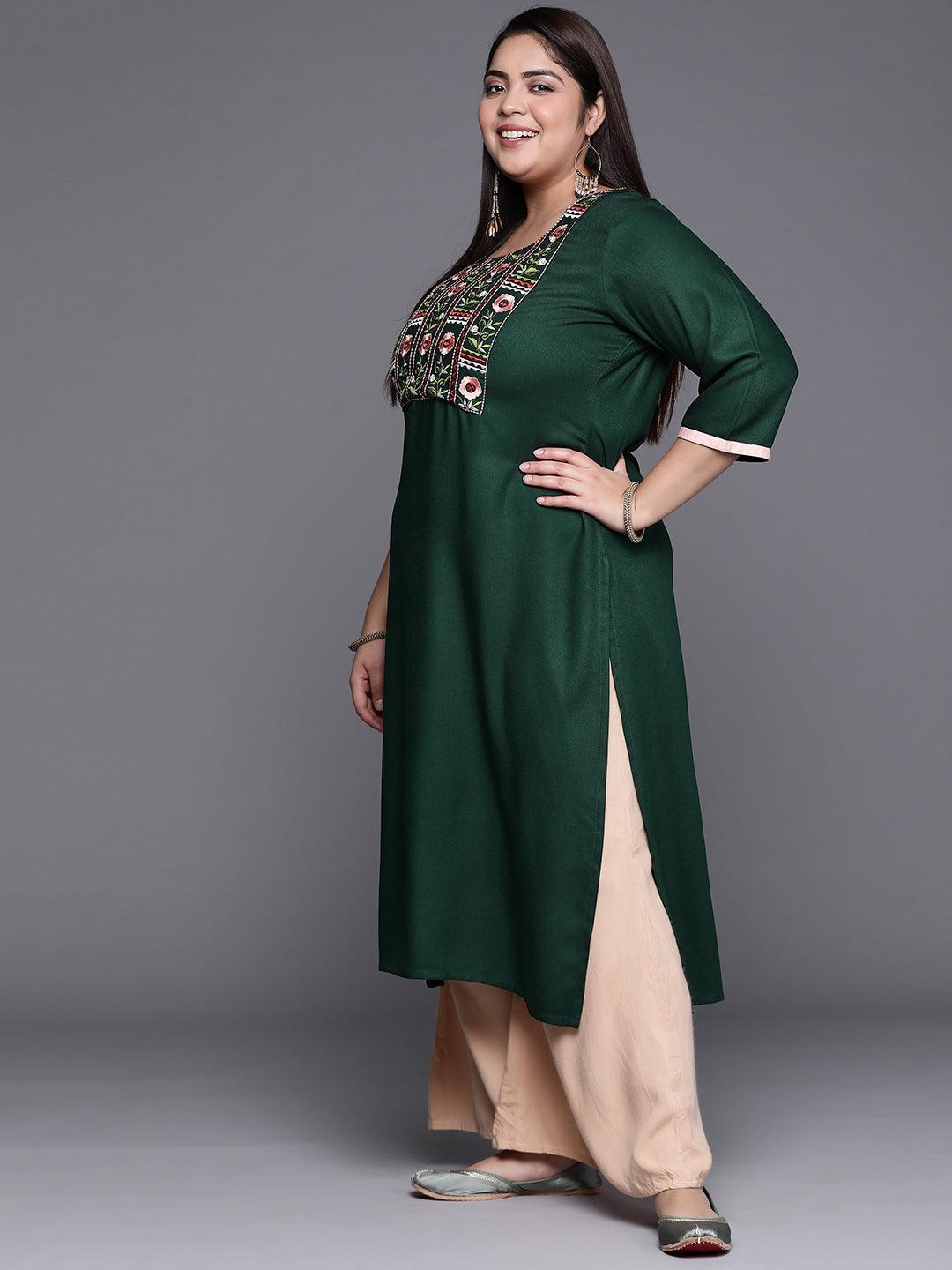 Plus Size Green Solid Wool Kurta