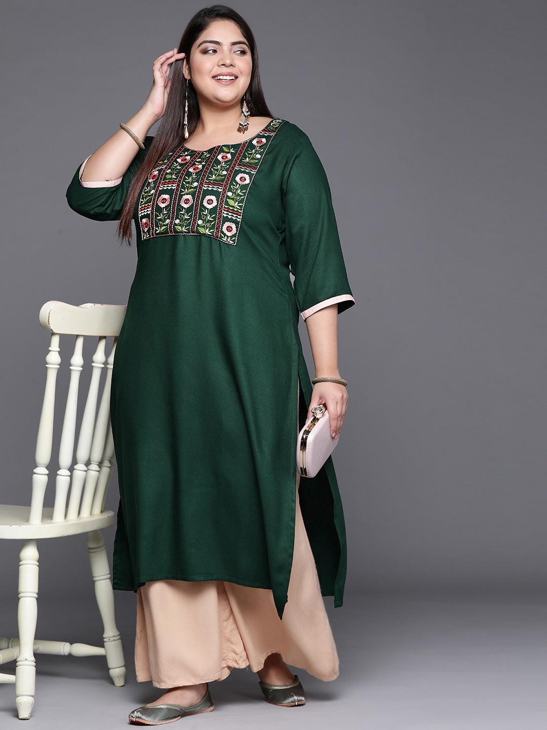 Plus Size Green Solid Wool Kurta