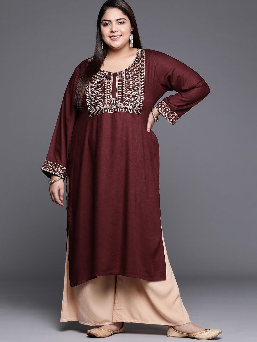 Plus Size Maroon Solid Wool Kurta