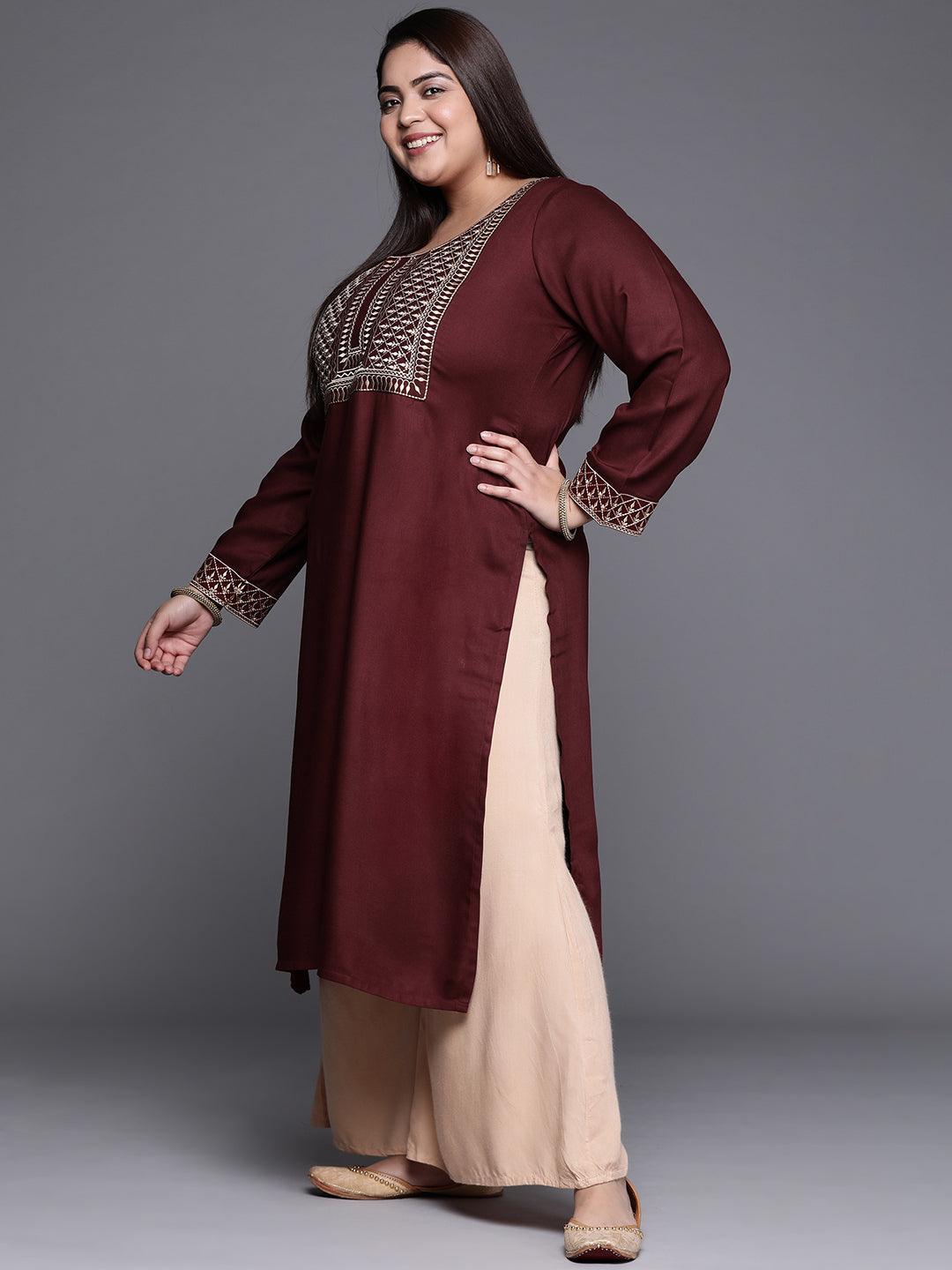 Plus Size Maroon Solid Wool Kurta