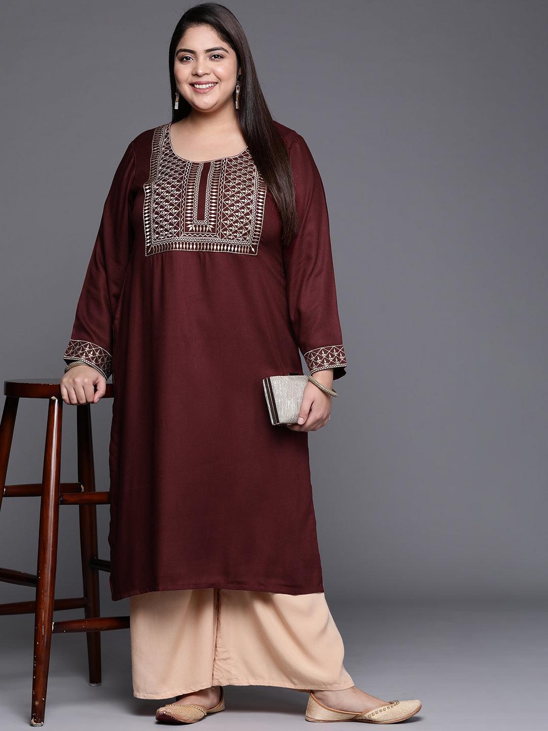 Plus Size Maroon Solid Wool Kurta