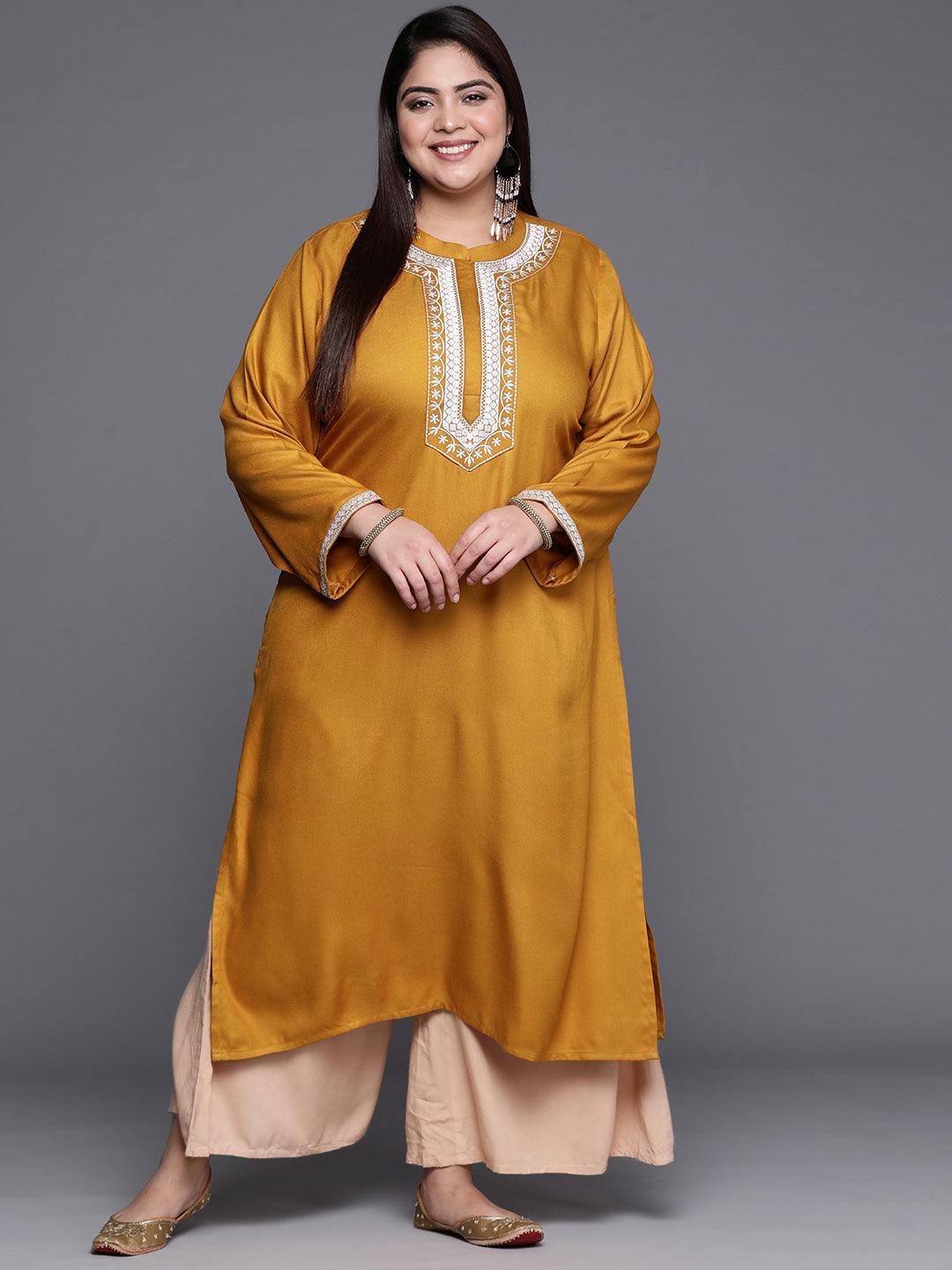 Plus Size Mustard Solid Wool Kurta