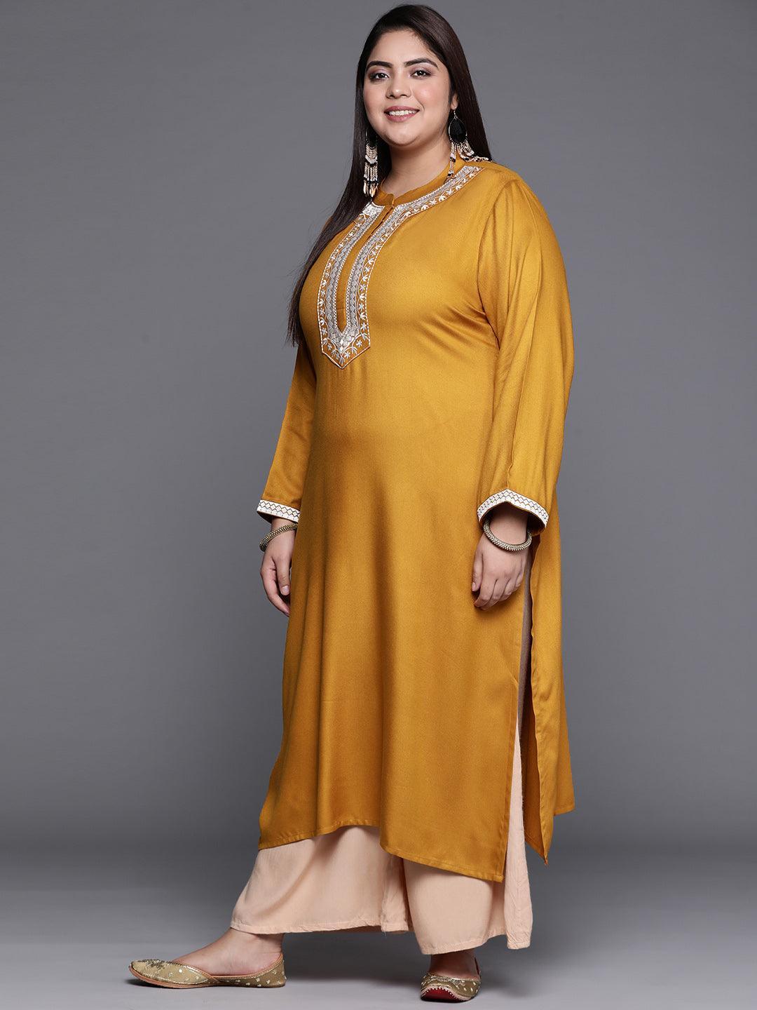 Plus Size Mustard Solid Wool Kurta