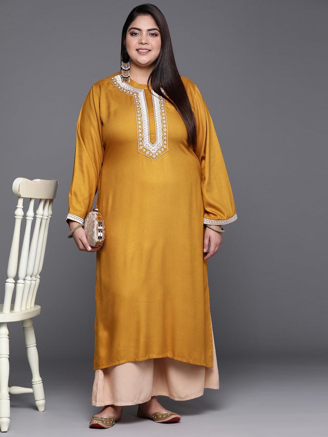 Plus Size Mustard Solid Wool Kurta