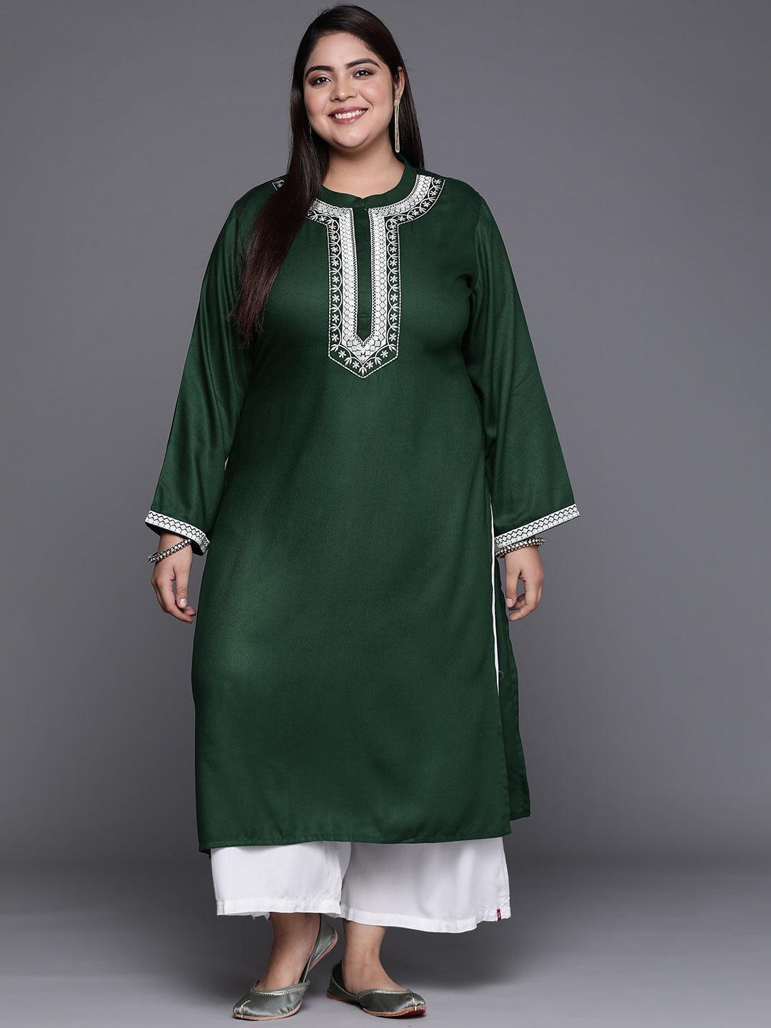 Plus Size Green Embroidered Wool Blend Kurta