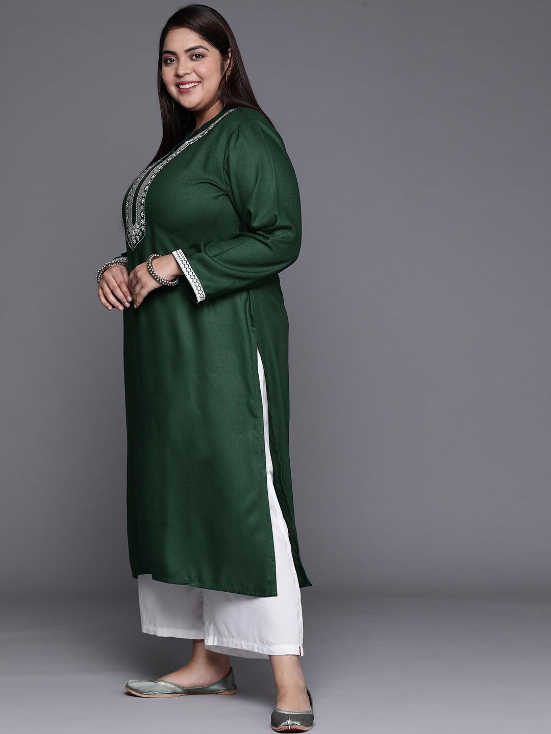 Plus Size Green Embroidered Wool Blend Kurta