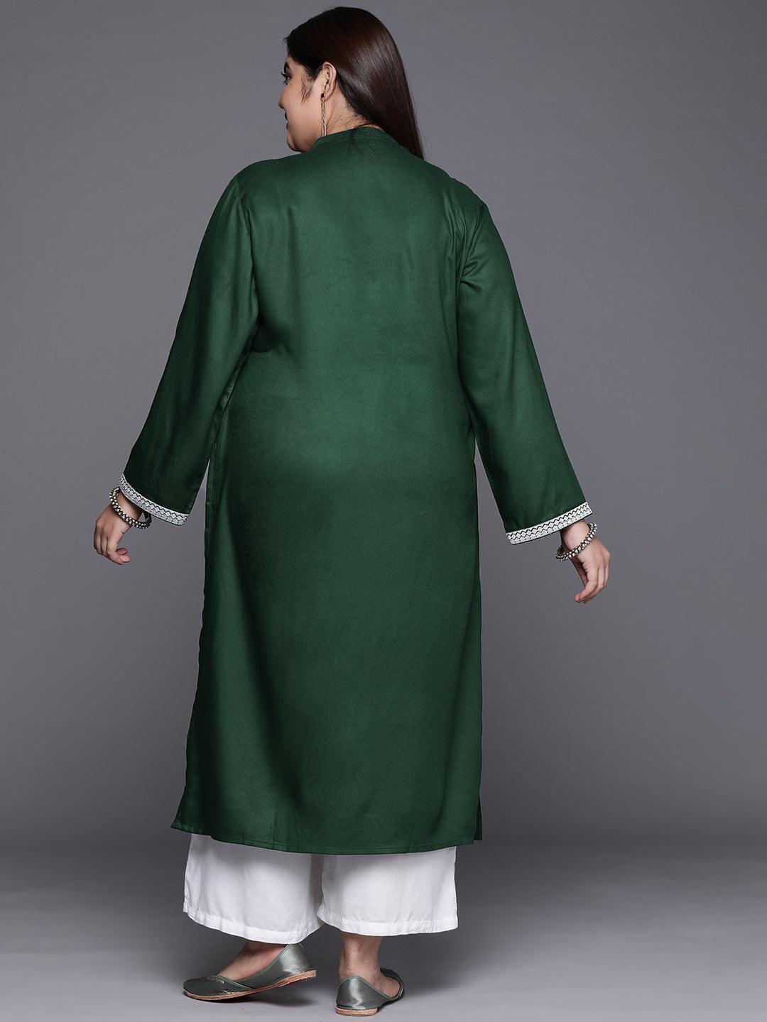 Plus Size Green Embroidered Wool Blend Kurta