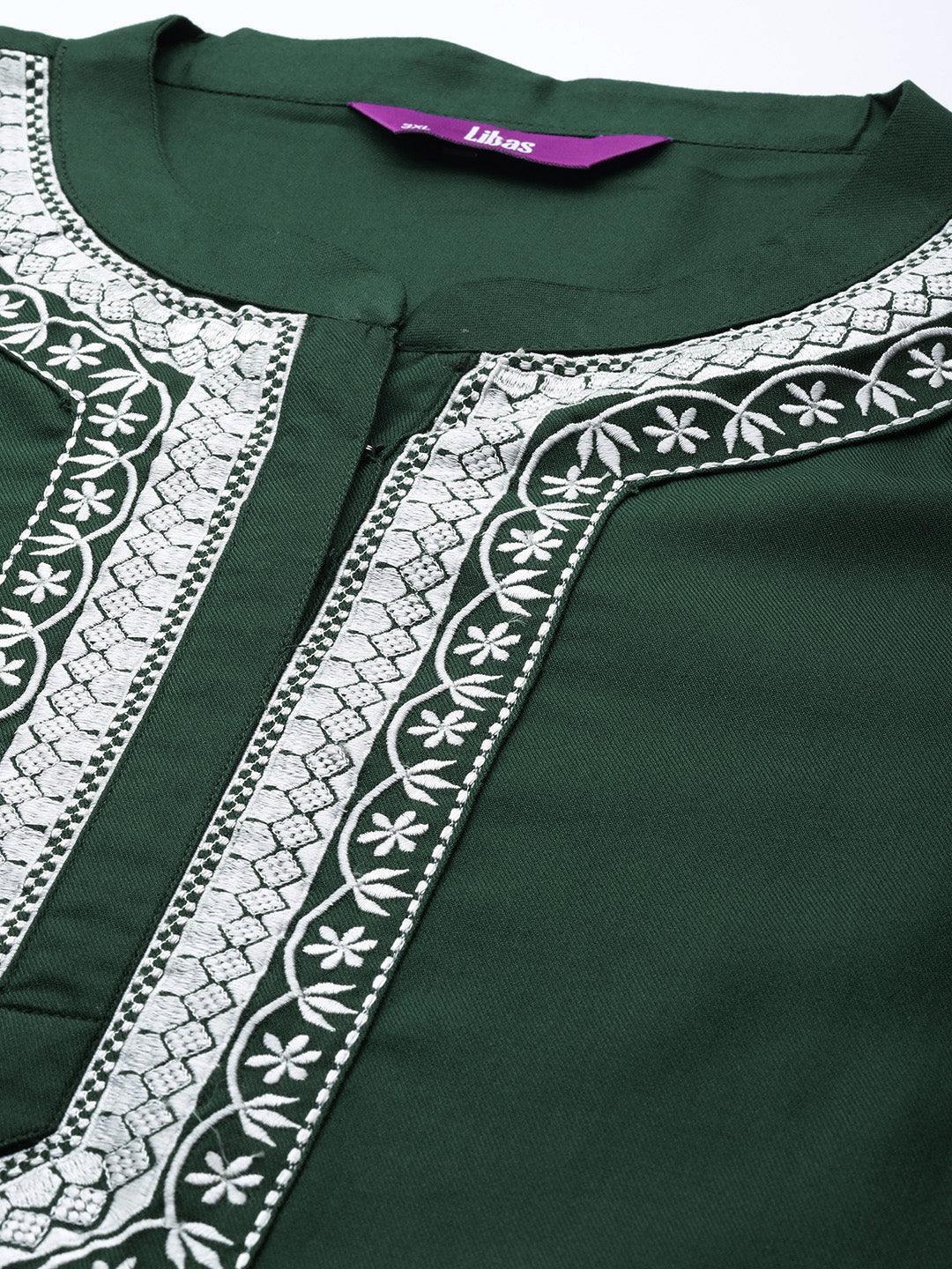 Plus Size Green Embroidered Wool Blend Kurta