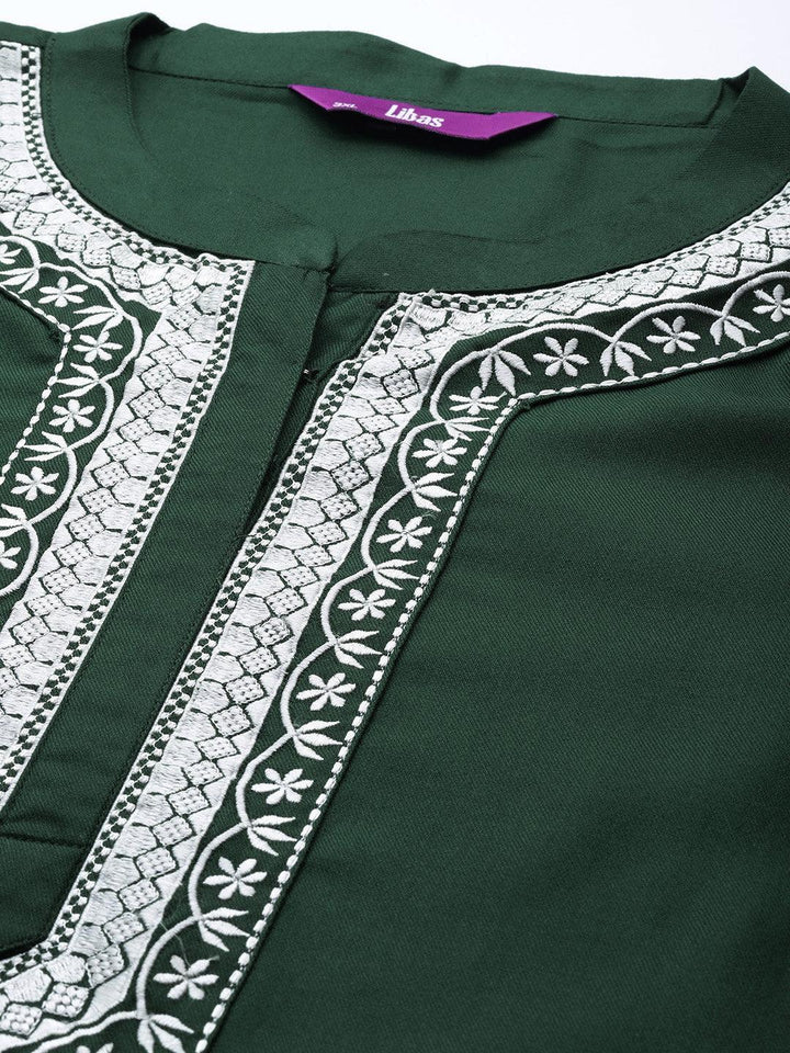 Plus Size Green Embroidered Wool Blend Kurta - ShopLibas