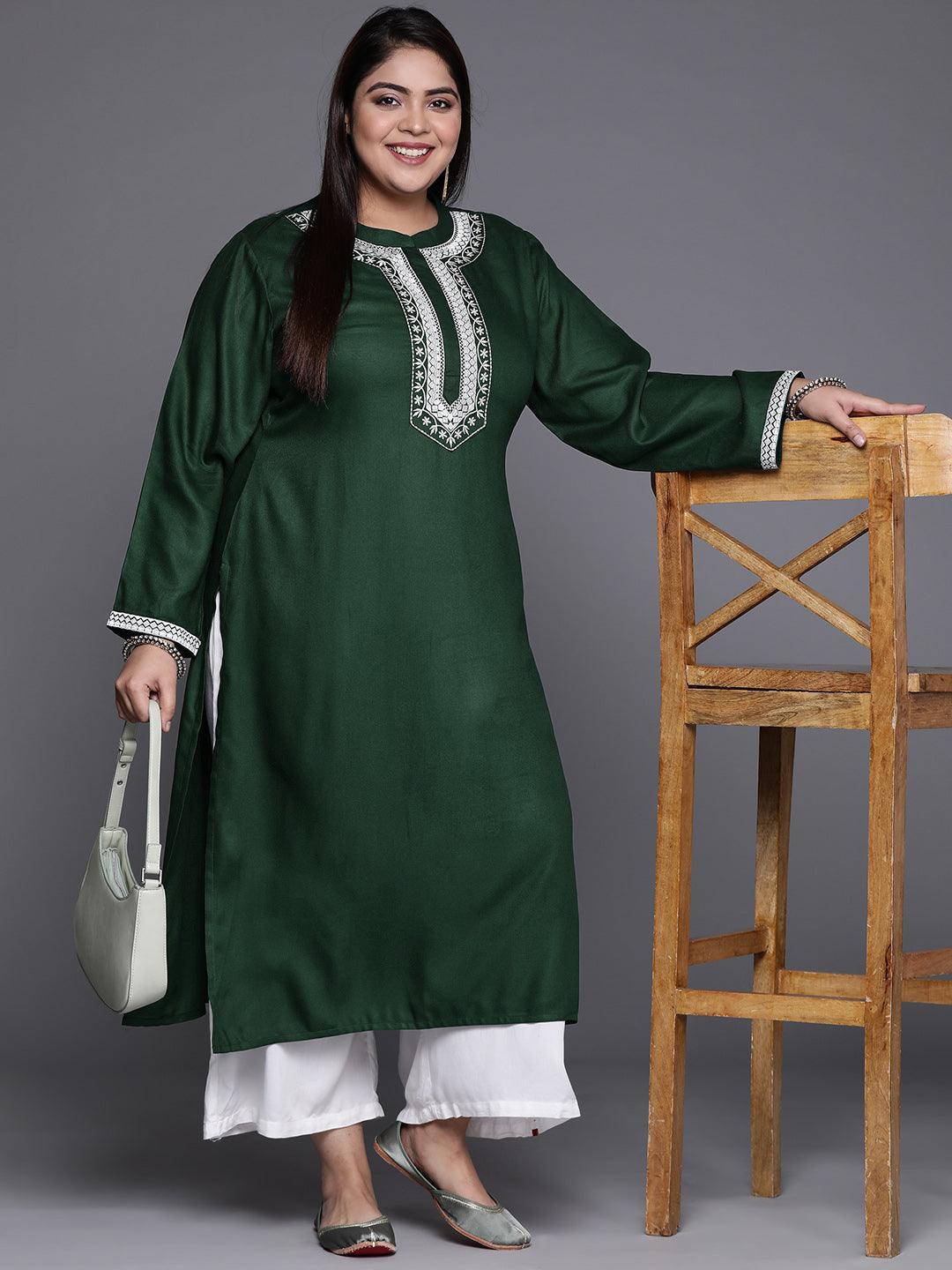 Plus Size Green Embroidered Wool Blend Kurta