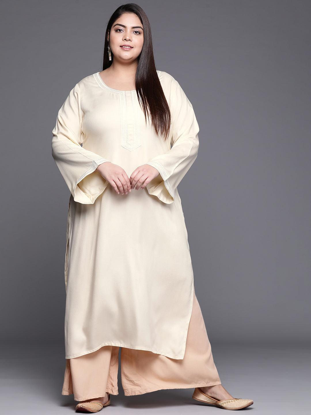 Plus Size Cream Embroidered Wool Kurta