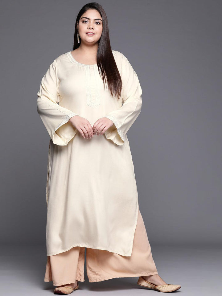 Plus Size Cream Embroidered Wool Kurta - ShopLibas