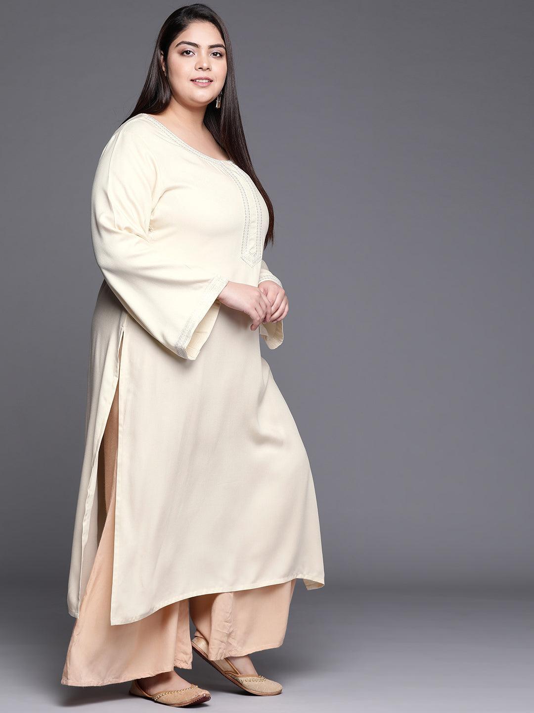 Plus Size Cream Embroidered Wool Kurta