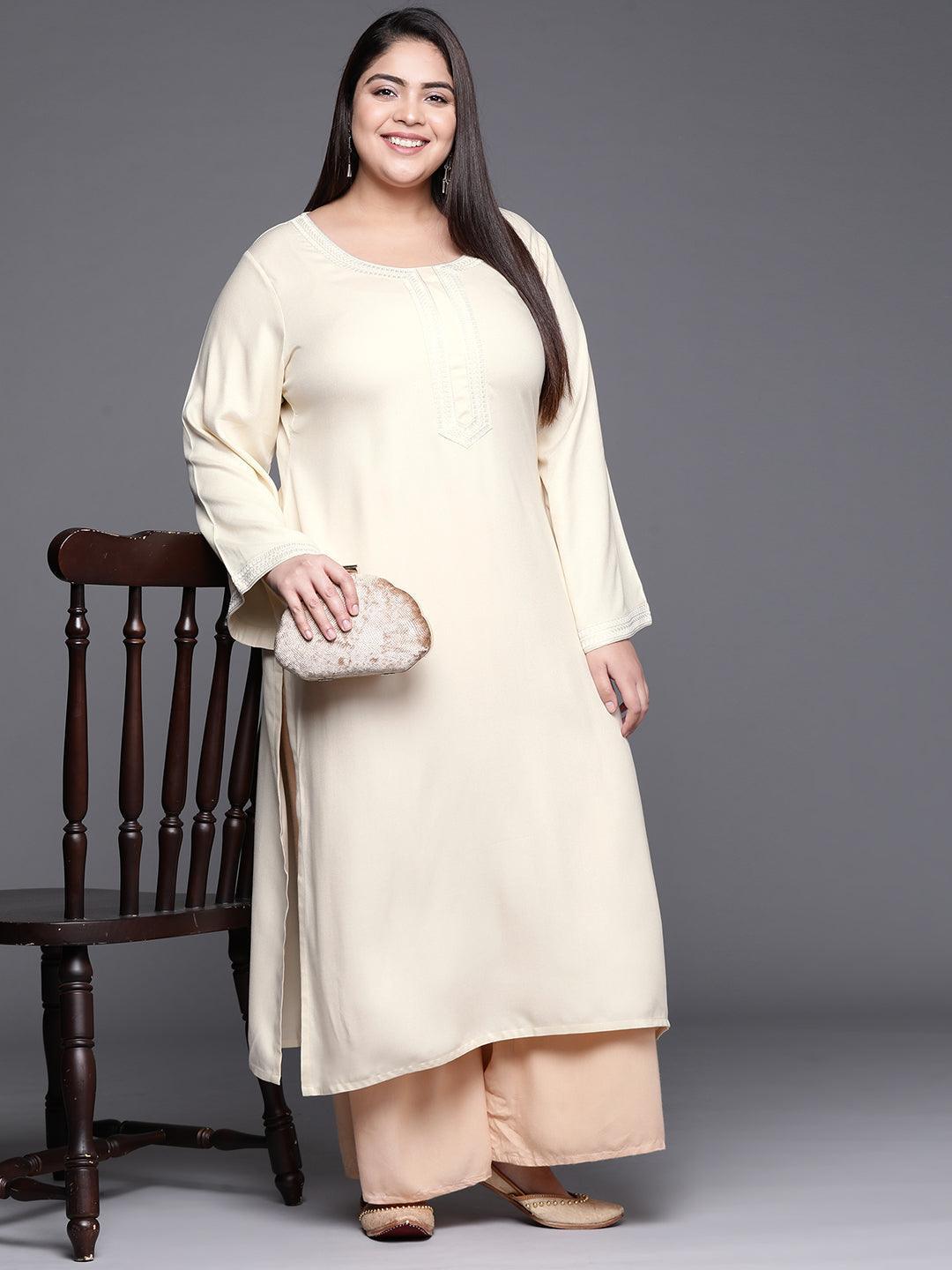 Plus Size Cream Embroidered Wool Kurta