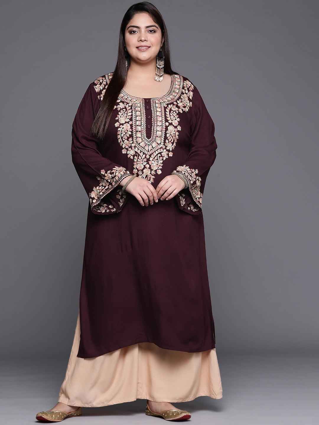 Plus Size Maroon Embroidered Wool Kurta - ShopLibas