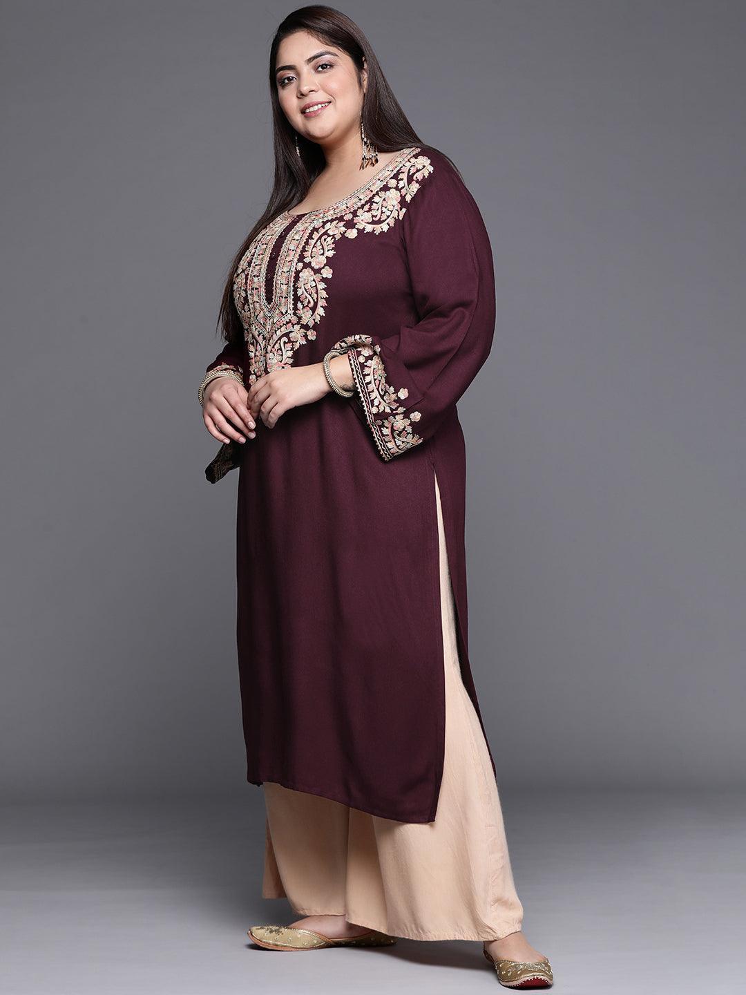 Plus Size Maroon Embroidered Wool Kurta - ShopLibas