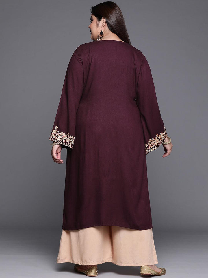 Plus Size Maroon Embroidered Wool Kurta - ShopLibas