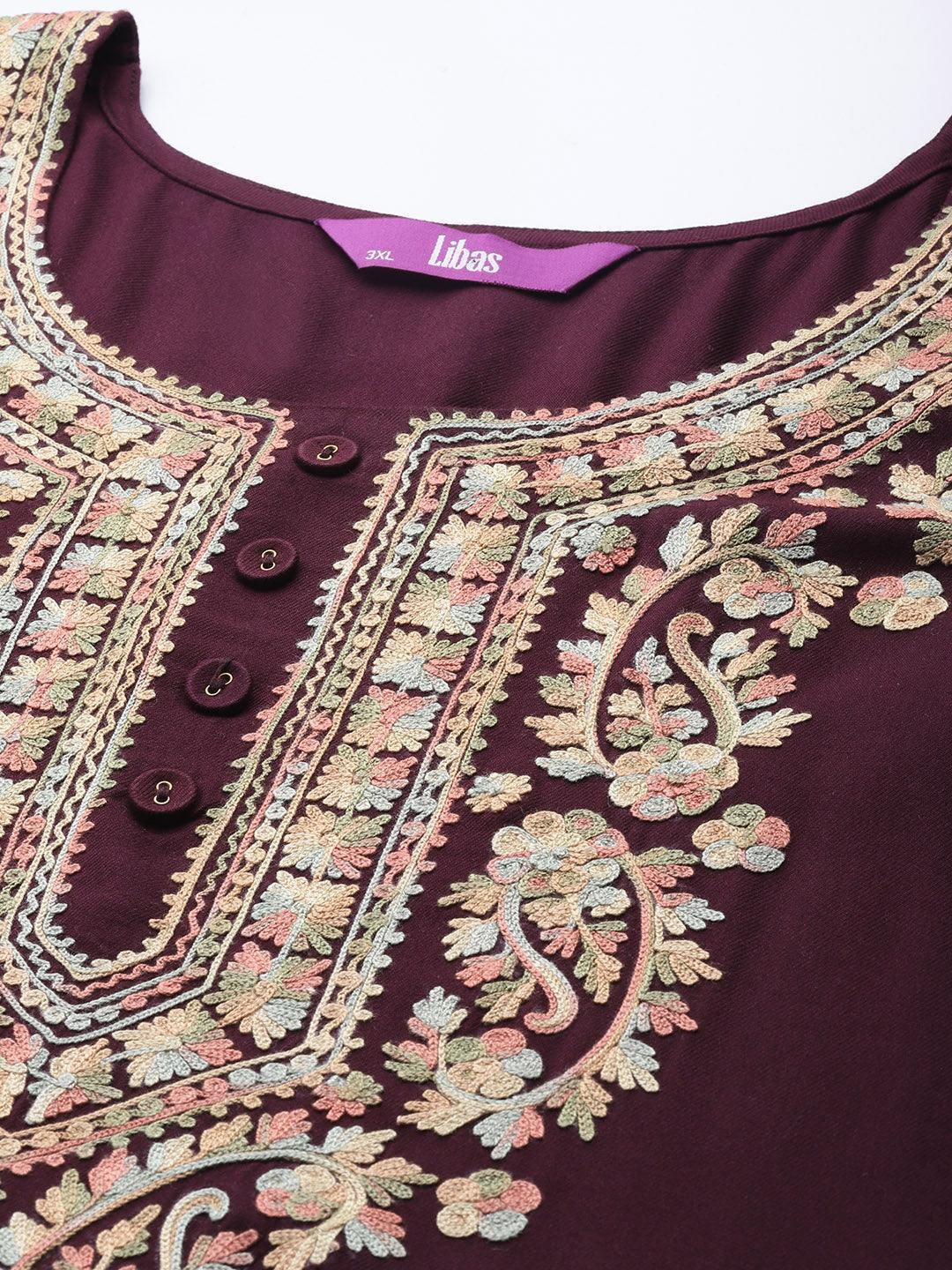 Plus Size Maroon Embroidered Wool Kurta - ShopLibas