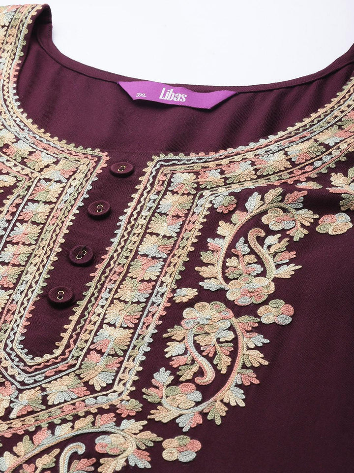 Plus Size Maroon Embroidered Wool Kurta - ShopLibas