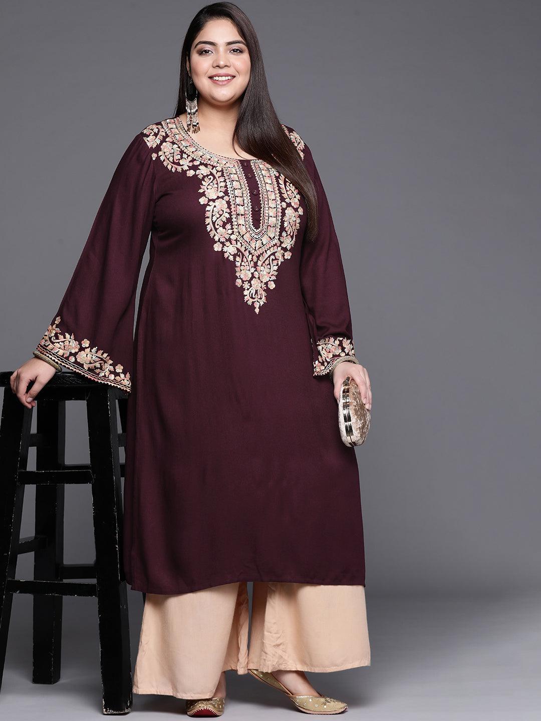 Plus Size Maroon Embroidered Wool Kurta - ShopLibas