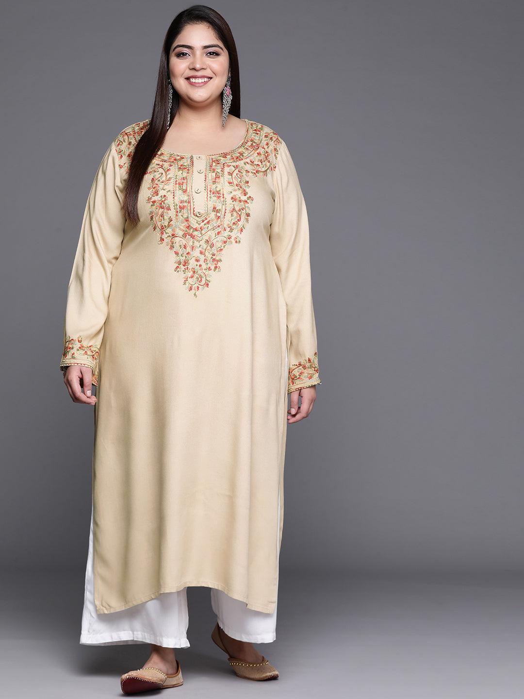 Plus Size Beige Embroidered Wool Kurta