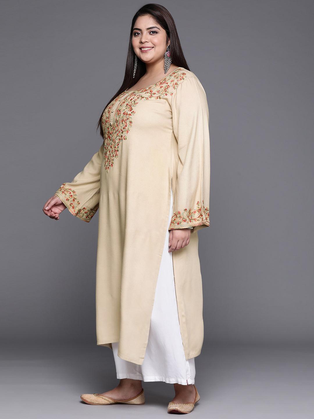 Plus Size Beige Embroidered Wool Kurta