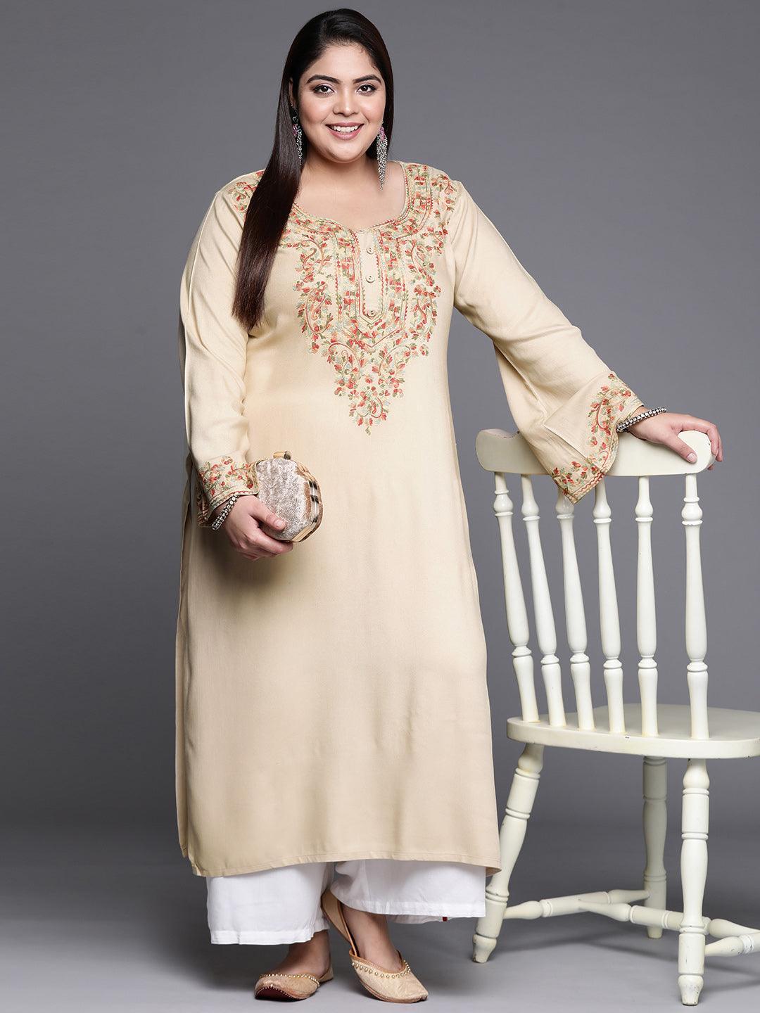 Plus Size Beige Embroidered Wool Kurta