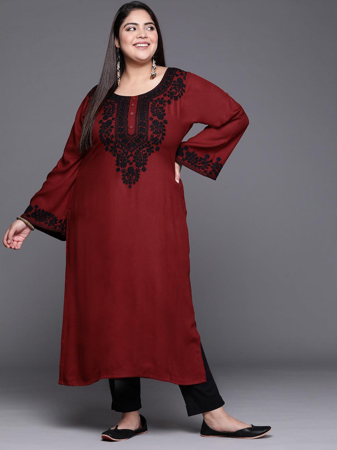 Plus Size Maroon Embroidered Wool Kurta