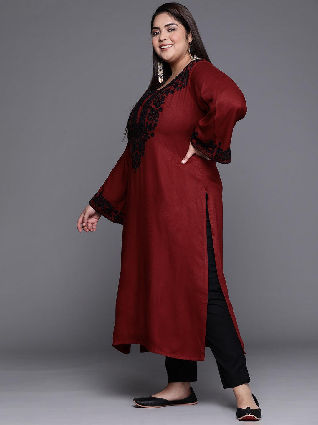 Plus Size Maroon Embroidered Wool Kurta