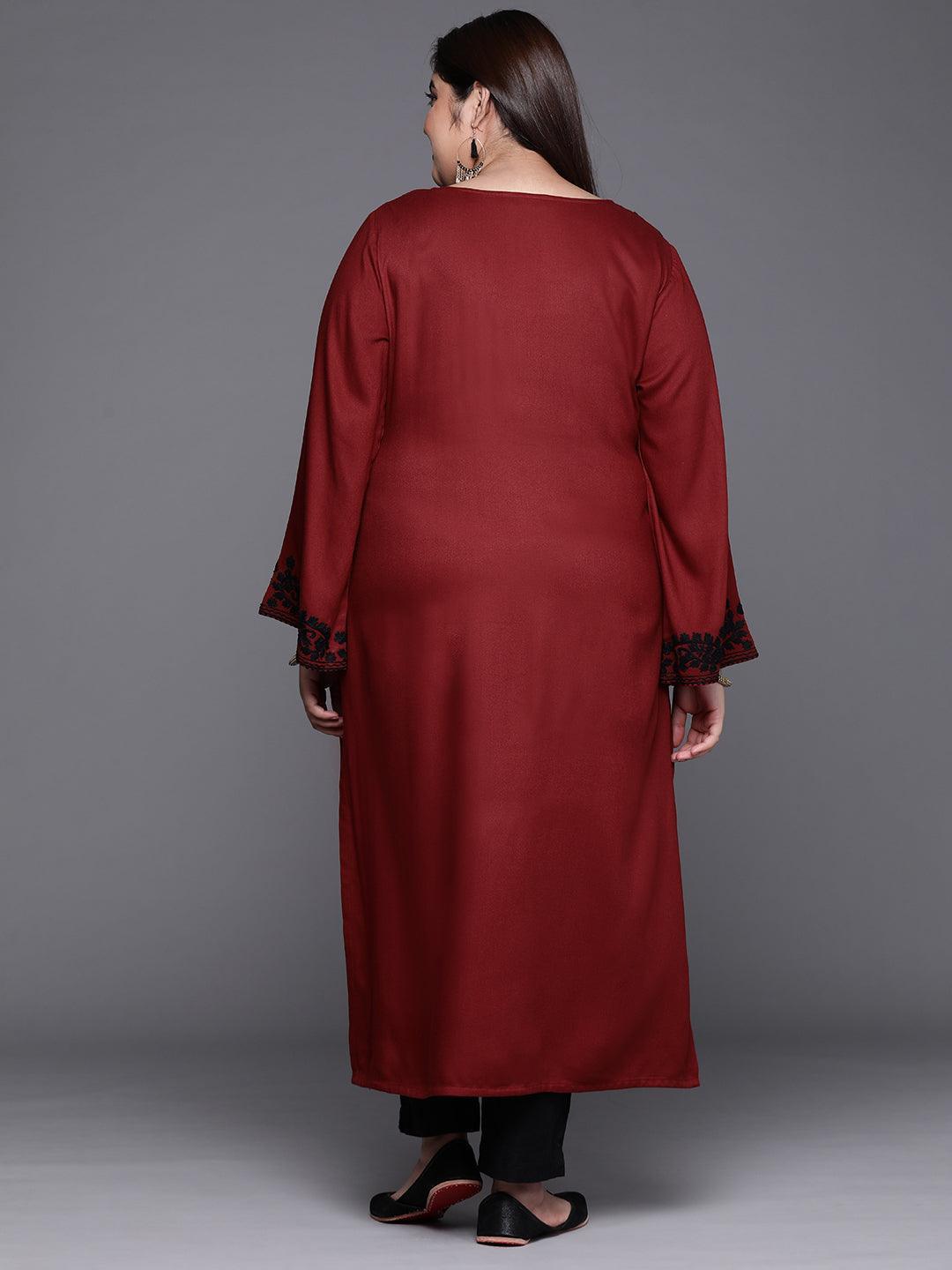 Plus Size Maroon Embroidered Wool Kurta