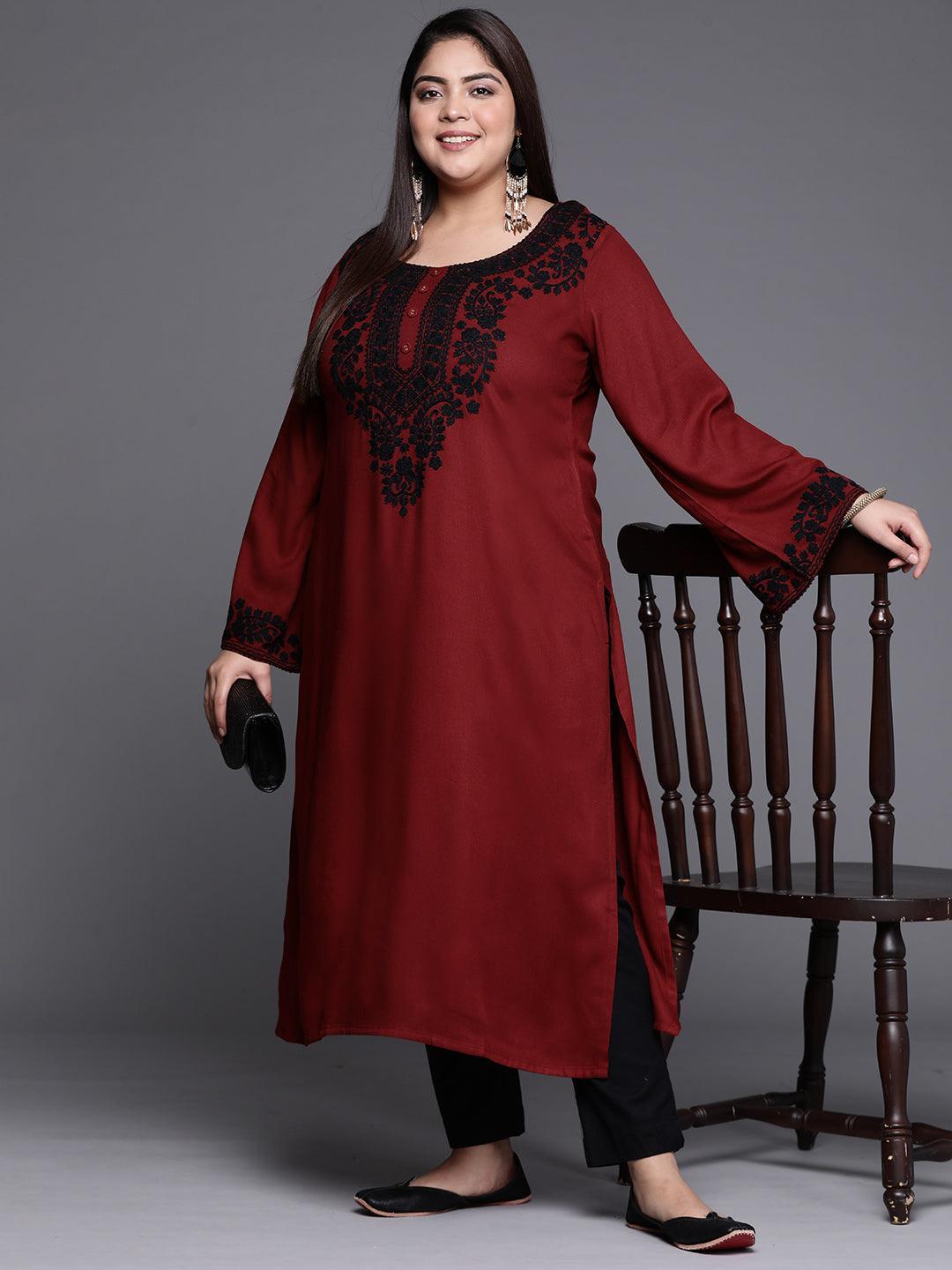 Plus Size Maroon Embroidered Wool Kurta