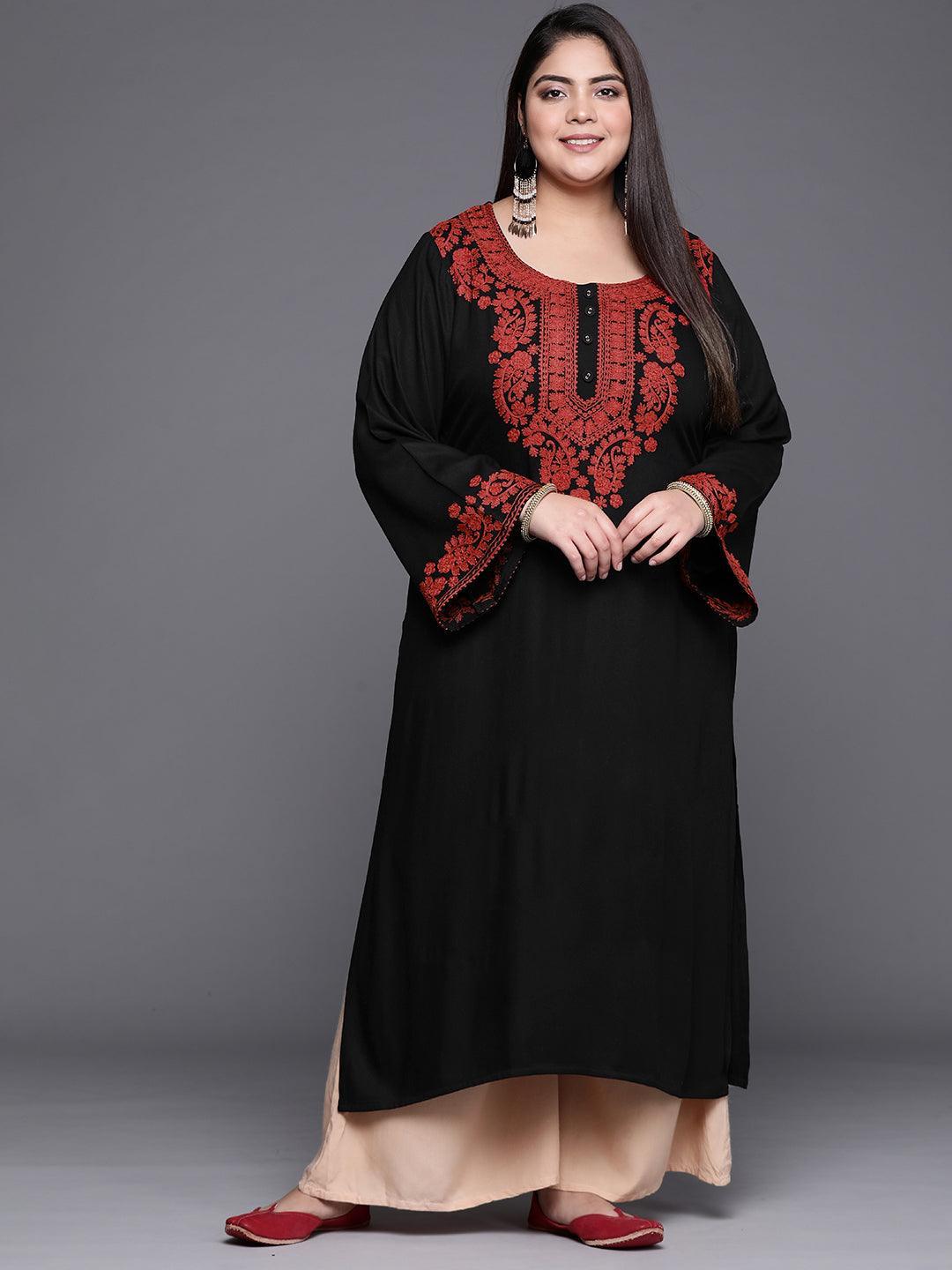 Plus Size Black Embroidered Wool Kurta - ShopLibas