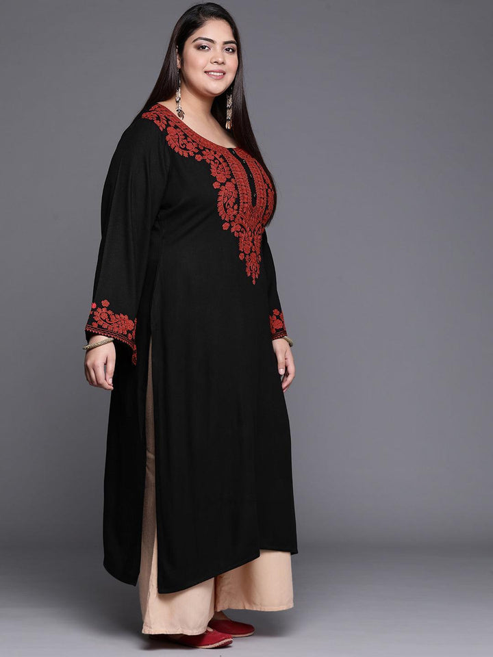 Plus Size Black Embroidered Wool Kurta - ShopLibas