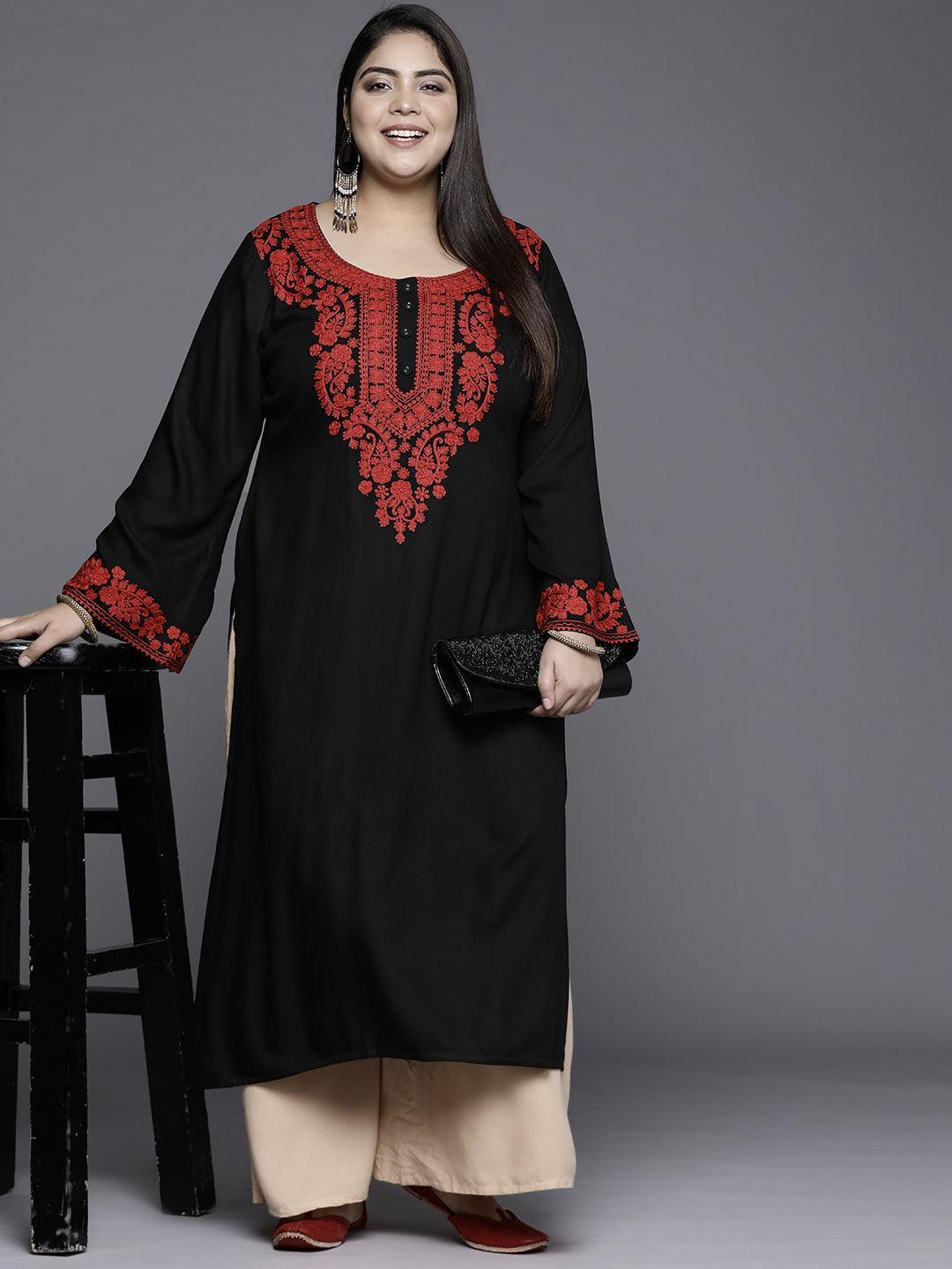 Plus Size Black Embroidered Wool Kurta - ShopLibas