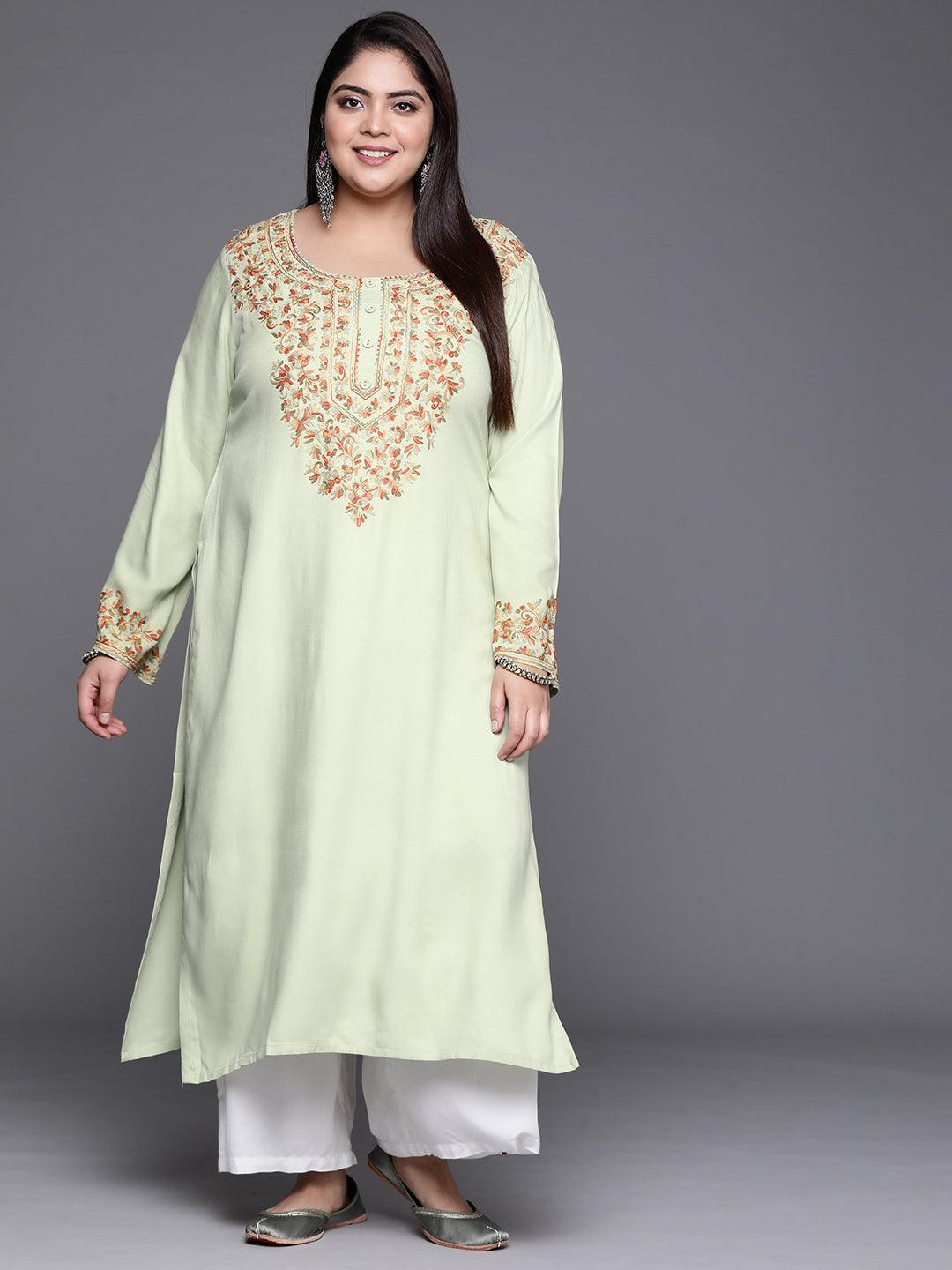 Plus Size Green Embroidered Wool Kurta - ShopLibas