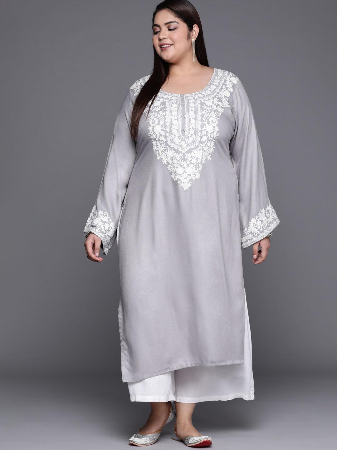 Plus Size Grey Embroidered Wool Kurta