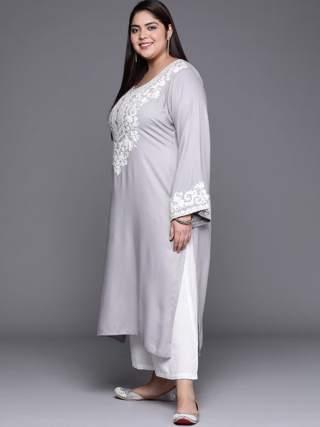 Plus Size Grey Embroidered Wool Kurta