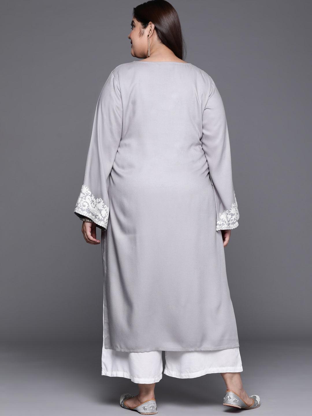 Plus Size Grey Embroidered Wool Kurta