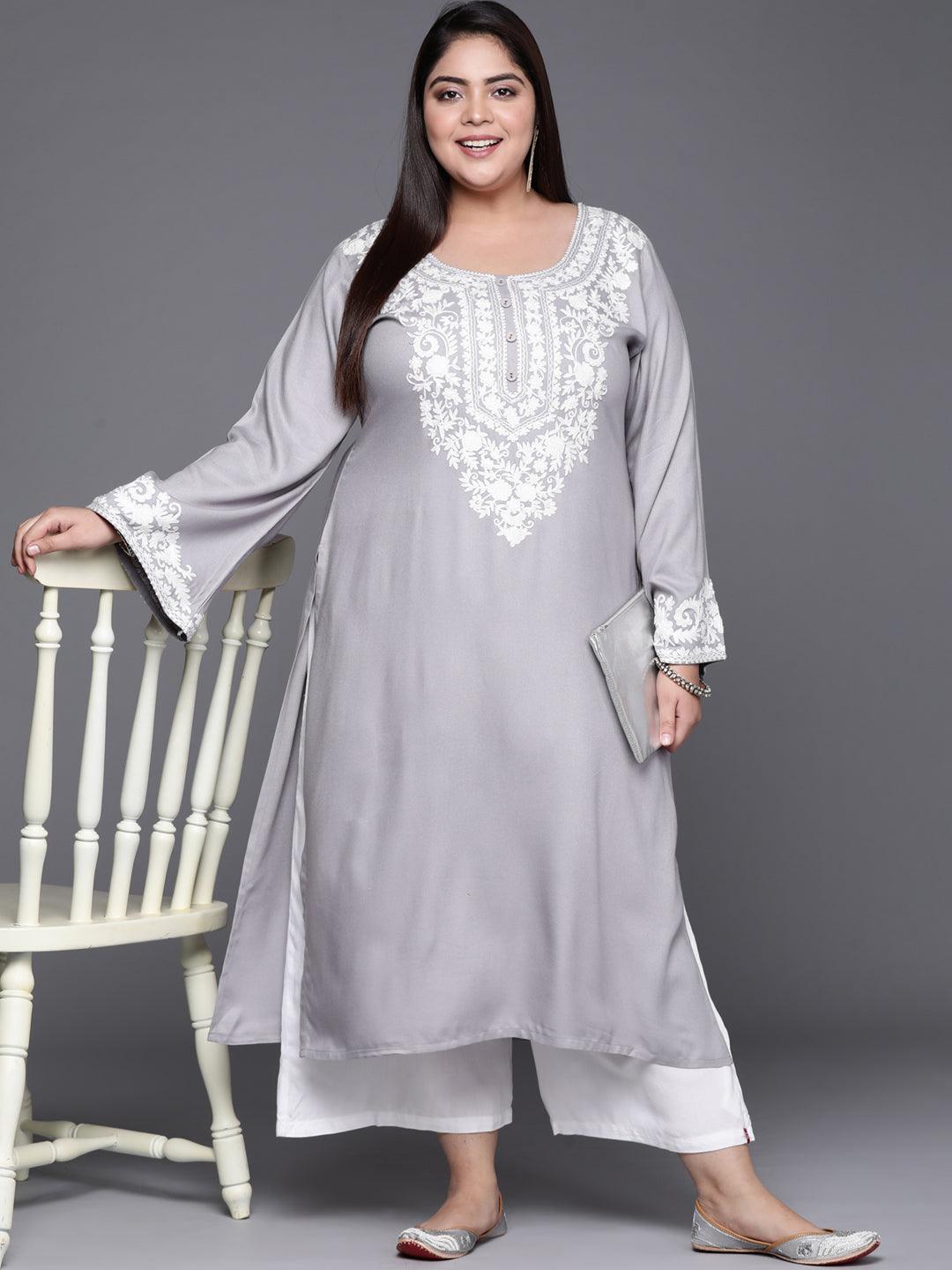 Plus Size Grey Embroidered Wool Kurta